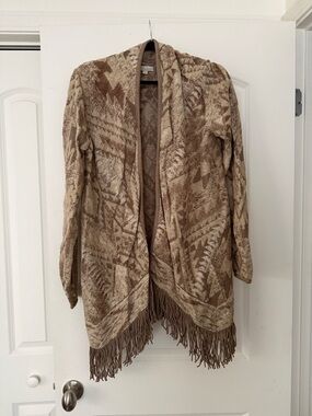 Lucky Brand Tan and Cream Fringe Open Cardigan
